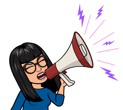 Bitmoji illustration of Farrah, a woman holding a megaphone and speaking passionately into it.
