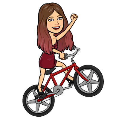 Bitmoji illustration of Jenna, a woman with brown and pink hair riding a red bicycle as she raises her fist the air.