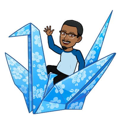 Bitmoji illustration of Josh, a black man riding on a large, blue origami paper crane while smiling and waving at the camera