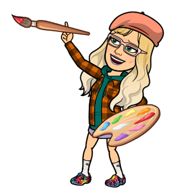 A bitmoji illustration of Lorraine. She is depicted as an artist wearing a beret, carrying a paint palette and is holding up a large paintbrush while smiling happily.