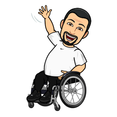 Bitmoji illustration of Nelson, a man in a wheelchair waving his arm