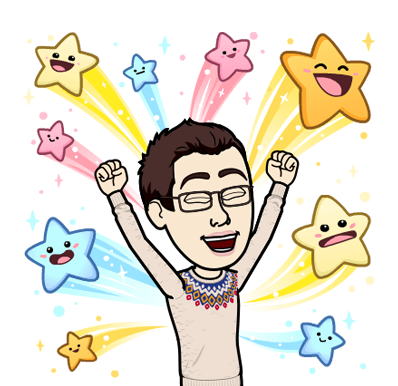 Bitmoji Illustration of Same, a man celebrating, with his arms in the air while smiling stars explode around him.